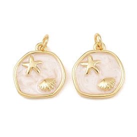 Brass Enamel Pendants, Round with Shell Starfish Charms, with Jump Ring