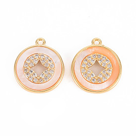 Brass Micro Pave Clear Cubic Zirconia Charms, with Freshwater Shell, Nickel Free, Copper Cash