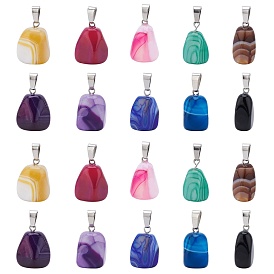 Natural Banded Agate/Striped Agate Pendants, Dyed, with Stainless Steel Snap On Bails, Cuboid, Stainless Steel Color