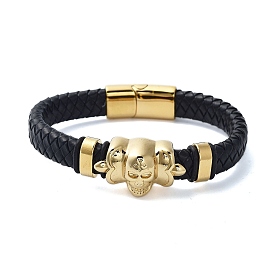 Men's Braided Black PU Leather Cord Bracelets, Skull 304 Stainless Steel Link Bracelets with Magnetic Clasps