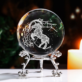 Inner Carving Horse Glass Crystal Ball Diaplay Decoration, with Metal Stand, Fengshui Home Decor