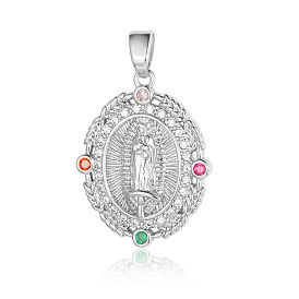 Brass Micro Pave Colorful Cubic Zirconia Pendants, Oval with Virgin Mary Charms