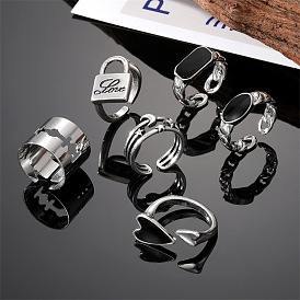 Love Moon Lock Round Geometric Opening Adjustment Ring Punk Style Men's Jewelry Alloy