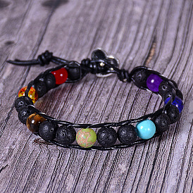 Multicolor Lava Stone & Tiger Eye Leather Wrap Bracelet Natural Gemstone Beads