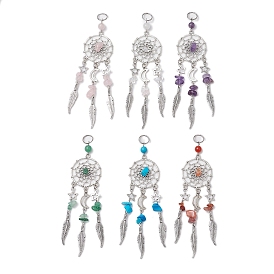 6 шт. 6 стили натуральные и синтетические смешанные драгоценные камни и сплав плетеная паутина/сетка с перьями большие подвески, прелести лунной звезды