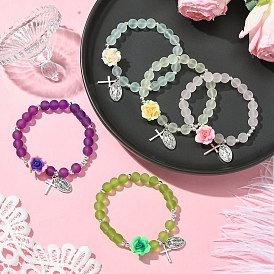5шт 5 цвета прозрачные и матовые стеклянные бусины стрейч, сплав овал с Девой Марией и крестом и розой ювелирные браслеты для женщин