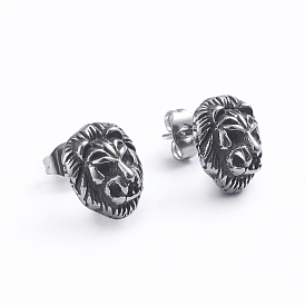 Retro 304 Stainless Steel Stud Earrings, with Ear Nuts, Lion