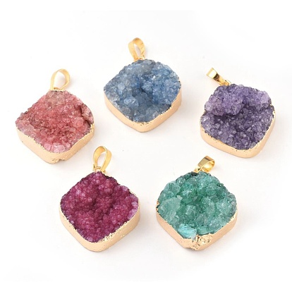 Electroplated Natural Dyed Druzy Quartz Pendants, with Brass Findings, Rhombus, Golden