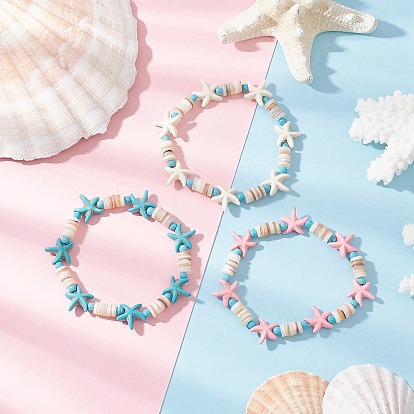 3шт. синтетические бирюзовые и натуральные пресноводные ракушки, эластичные браслеты для женщин, морская звезда