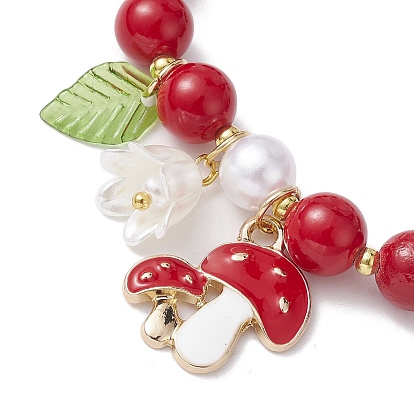 Natural Mashan Jade & Acrylic Pearl Stretch Bracelets, with Alloy Enamel Mushroom Charms