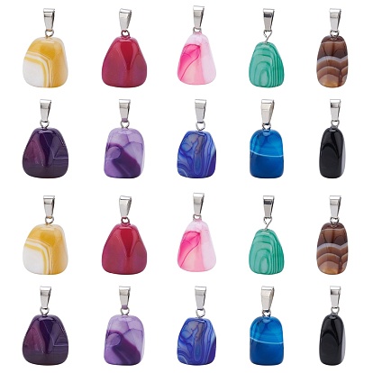 Natural Banded Agate/Striped Agate Pendants, Dyed, with Stainless Steel Snap On Bails, Cuboid, Stainless Steel Color
