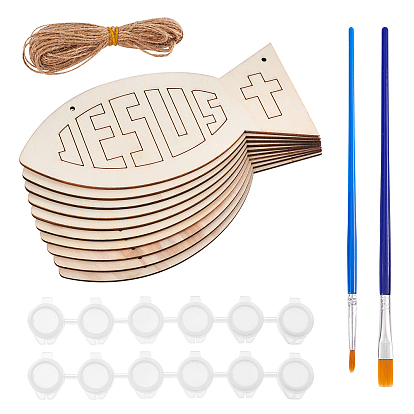 Easter Theme DIY Jesus Fish Pendant Decoration Making Kits, Including Wooden Pendants, 3ml Plastic Empty Paint Palette, Plastic Paint Brushes Pens, Jute Twine