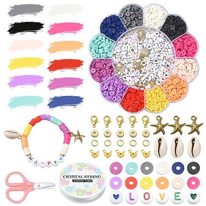 DIY Bracelet Necklace Making Kit, Including Polymer Clay Disc & Acrylic Letter & Natural Shell Beads, Plastic Starfish Pendants, Alloy Clasps, Scissors