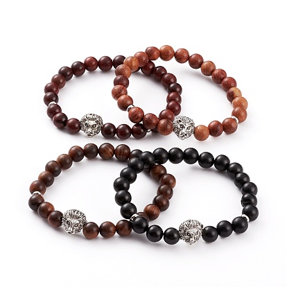 Round Natural Wood Beaded Stretch Bracelets Sets, with Alloy Lion Head Beads and 304 Stainless Steel Spacer Beads