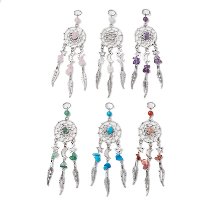 6 шт. 6 стили натуральные и синтетические смешанные драгоценные камни и сплав плетеная паутина/сетка с перьями большие подвески, прелести лунной звезды