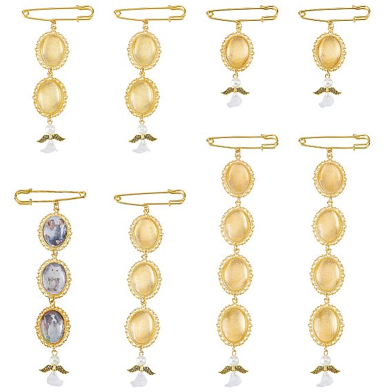 8Pcs 4 Style Iron Brooches, with Glass Cabochons and Acrylic Pendants, Angel with Oval