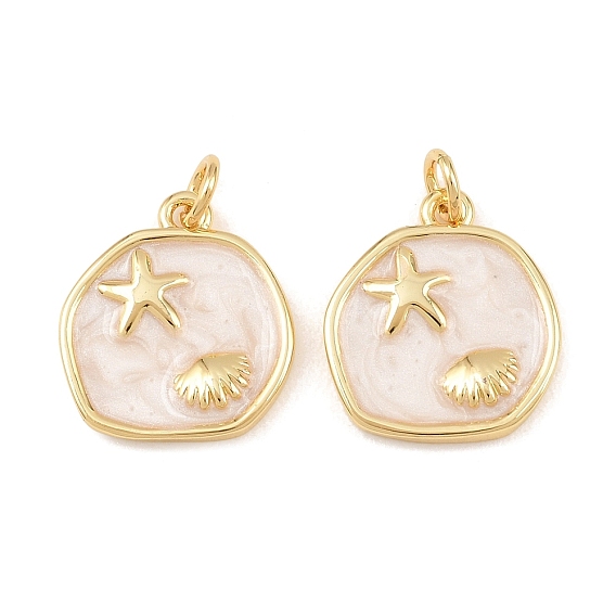 Brass Enamel Pendants, Round with Shell Starfish Charms, with Jump Ring