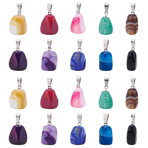 Natural Banded Agate/Striped Agate Pendants, Dyed, with Stainless Steel Snap On Bails, Cuboid, Stainless Steel Color