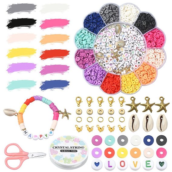 DIY Bracelet Necklace Making Kit, Including Polymer Clay Disc & Acrylic Letter & Natural Shell Beads, Plastic Starfish Pendants, Alloy Clasps, Scissors