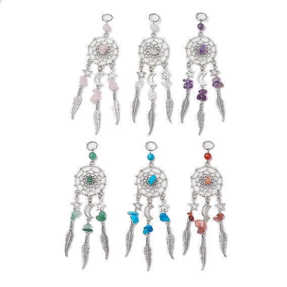 6 шт. 6 стили натуральные и синтетические смешанные драгоценные камни и сплав плетеная паутина/сетка с перьями большие подвески, прелести лунной звезды