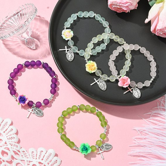 5шт 5 цвета прозрачные и матовые стеклянные бусины стрейч, сплав овал с Девой Марией и крестом и розой ювелирные браслеты для женщин