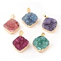 Electroplated Natural Dyed Druzy Quartz Pendants, with Brass Findings, Rhombus, Golden
