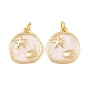 Brass Enamel Pendants, Round with Shell Starfish Charms, with Jump Ring