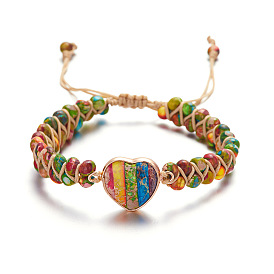 Double-layered Emperor Stone Heart-shaped Bracelet with Natural Stone Beads and Hand-woven Design