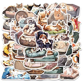 50Pcs Cat Dog PVC Waterproof Sticker Labels, Self-adhesion, for Suitcase, Skateboard, Refrigerator, Helmet, Mobile Phone Shell
