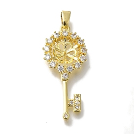 Rack Plating Brass Micro Pave Clear Cubic Zirconia Pendant Settings, Lead Free & Cadmium Free, Long-Lasting Plated, Key