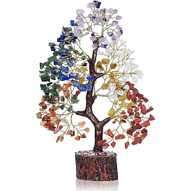 Gemstone Chips Tree Decorations, Wood Base Copper Wire Feng Shui Energy Stone Gift for Home Desktop Decoration