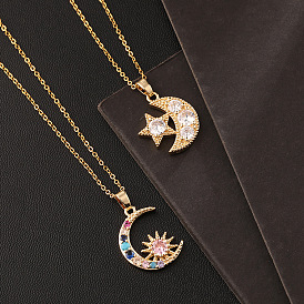 Chic 18K Gold Plated Copper Zirconia Necklace with Colorful Sun, Star and Moon Pendants