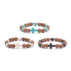 Gemstone & Rudraksha & Synthetic Turquoise(Dyed) Stretch Bracelet, Cross Yoga Jewelry for Women