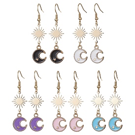 Alloy Enamel Moon & Brass Star Dangle Earrings, with 304 Stainless Steel Earring Pins