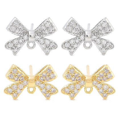 Латунные серьги-гвоздики с фианитами, без кадмия, без никеля и без свинца, с петлей, бантом