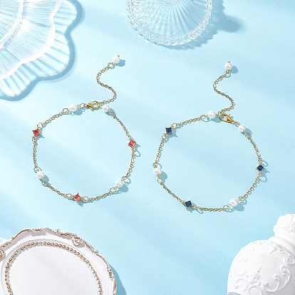 Стеклянные ромбовидные и круглые стеклянные жемчужные бусины 304 браслеты на лодыжку из нержавеющей стали для женщин, золотые