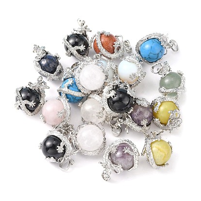 Mixed Natural Gemstone Pendants, with Platinum Plated Brass Findings, Dragon with Round Beads