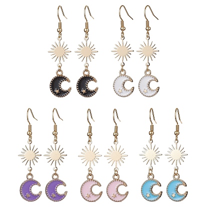 Alloy Enamel Moon & Brass Star Dangle Earrings, with 304 Stainless Steel Earring Pins