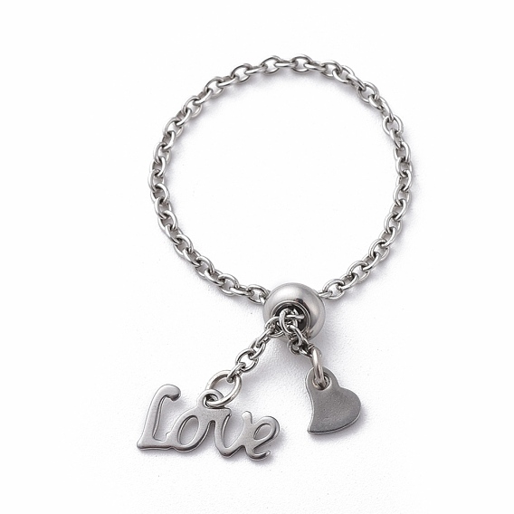 Einstellbare Fingerringe aus 304 Edelstahl, Versprechen Ring, Schieberegler Ringe, Wort Liebe und Herz
