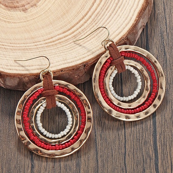 Плоские круглые серьги из сплава стеклянных бусин, с искусственной кожей, золотые