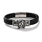 Men's Braided Black PU Leather Cord Bracelets, Halloween Skull 304 Stainless Steel Link Bracelets with Magnetic Clasps