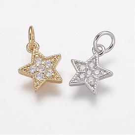  Brass Micro Pave Grade AAA Cubic Zirconia Charms, Lead Free & Nickel Free & Cadmium Free, Star