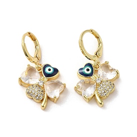 Clover with Evil Eye Real 18K Gold Plated Brass Dangle Leverback Earrings, with Enamel & Cubic Zirconia