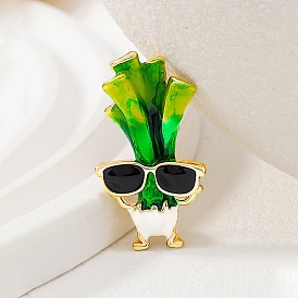 Golden Zinc Alloy Brooches, Scallion with Sunglasses Enamel Pins, Japanese Style Cartoon Vegetable Badge, for Men Women