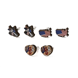 3 Pairs 3 Styles Independence Day Theme Wood Stud Earrings Sets, 316 Steel Needle Jewelry for Women