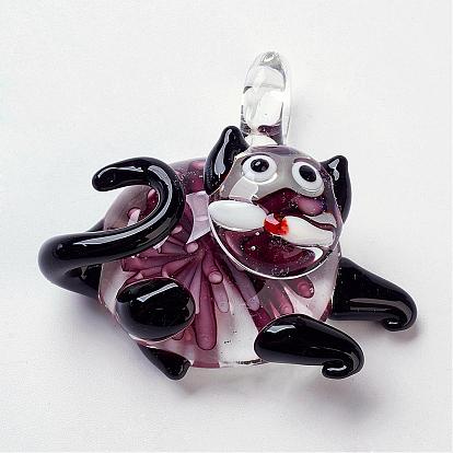 Handmade Lampwork Kitten Pendants, Inner Flower, Cartoon Cat Shape