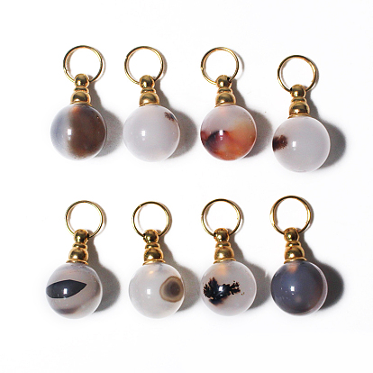 Natural Agate Perfume Bottle Pendants, with Real 18K Gold Plated Metal Covers, Round