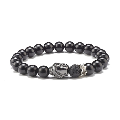 Natural Mixed Stone & Lava Rock Round Beads Energy Power Stretch Bracelet for Men Women, Buddha Head Brass Beads Bracelet, Gunmetal