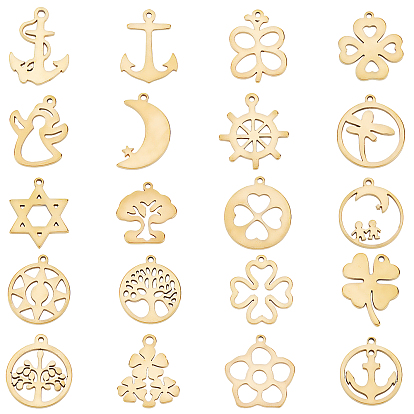 40Pcs 20 Style 304 Stainless Steel Pendants, Laser Cut, Mixed Shapes