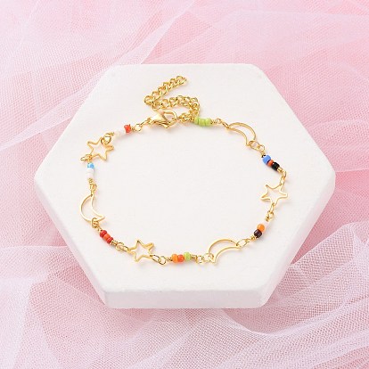 Браслеты из латуни со звездами и луной для женщин, с эмалью и стеклянными бусинами, 304 нержавеющая сталь застежка когтя омара